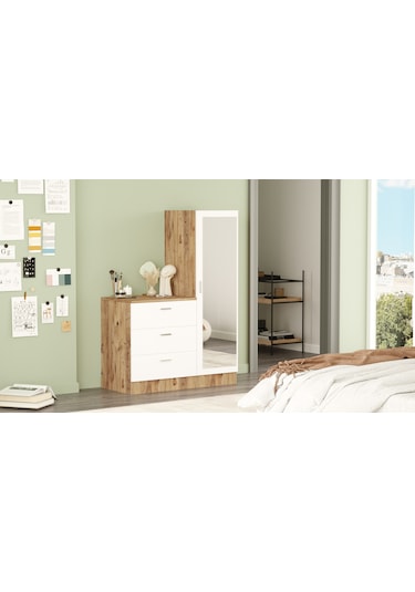 Yurudesign Nancy Aynalı Şifonyer Gardırop Çam-Beyaz