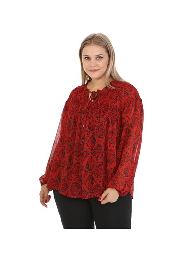 Gipe Detaylı Şifon Bluz-1490 Kırmızı