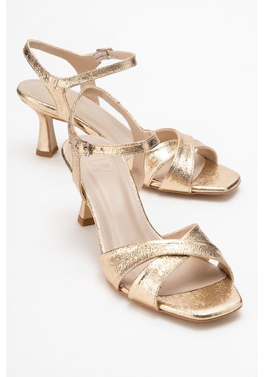 Melin Altın Desenli Çapraz Bantlı Kadın Topuklu Ayakkabı Altın