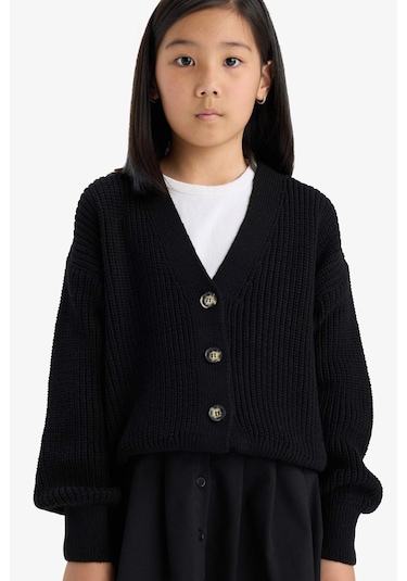Defacto Kız Çocuk V Yaka Düğmeli Triko Hırka A2298a825aubk27 Siyah