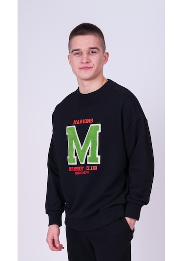 Erkek Çocuk M Harfi İşlemi Sweatshirt-13403-siyah Siyah