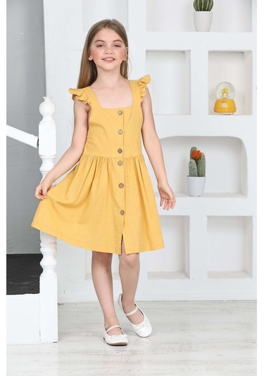 Kız Çocuk %100 Pamuk Keten Elbise 12197 Hardal
