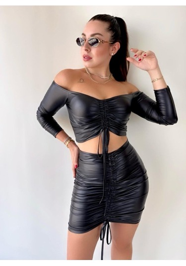 Munn Collection Kadın Büzgülü Deri Etek Takım Fırsat Ürün Siyah