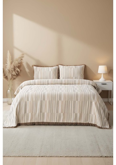 Lia Bej Çift Kişilik %100 Pamuklu Püsküllü Yatak Örtüsü Takımı 3 Parça Uyku & Çeyiz Seti