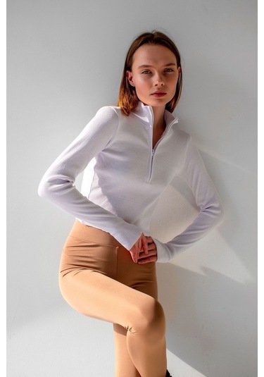 Siyah Bilek Detaylı Fermuarlı Crop Bluz Beyaz