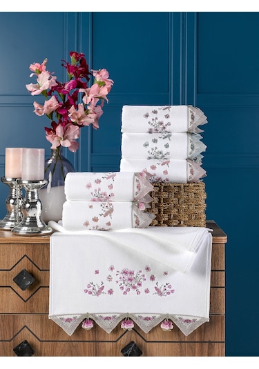 Durul Kadife Lüks Nakışlı Gipürlü Çeyizlik Mutfak Havlusu 6'lı 30 x 50