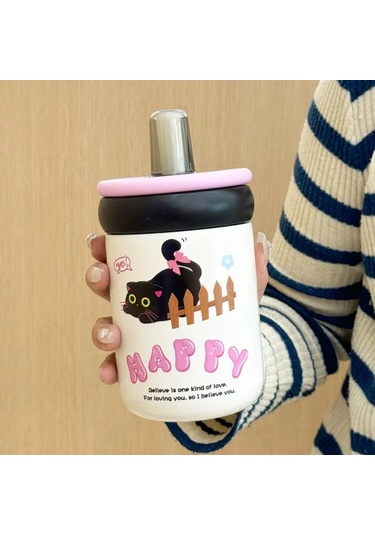Sızdırmaz 500ml Yalıtımlı Su Bardağı Karikatür Siyah Kedi Termos Mat Siyah