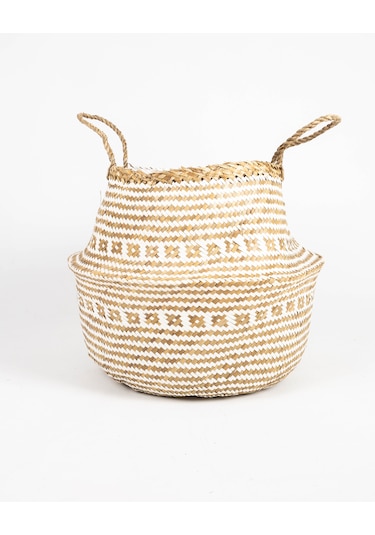 Desenli Large Boy Katlanabilir Hasır Sepet / Saksılık 35x32cm