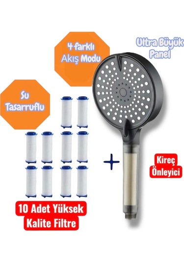 10 Adet Yedek Filtreli Duş Başlığı Su Tasarruflu Kireç Önleyici Özellikli Tayzikli Su Modu Siyah