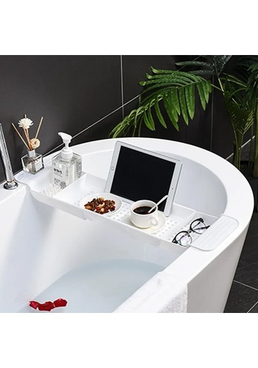 Lichen Uzatılabilir Küvet Raf Banyo Küveti Tepsisi Duş Rafı Beyaz