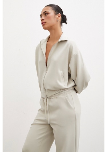 Never More Fermuarlı Sweatshirt Taş