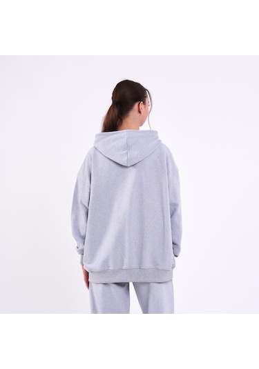 MMetalic Gri Kanguru Cepli Kapüşonlu Fermuarlı Oversize Kadın Sweatshirt Gri