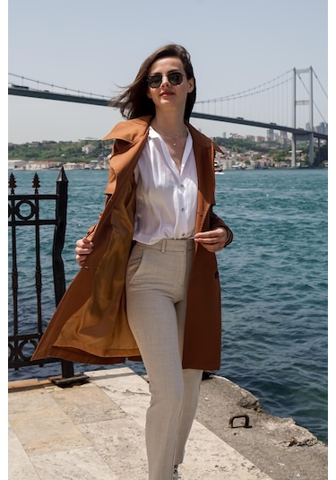 Pastelastore %100 Pamuk Gabardin Midi 95cm Astarlı Kemerli Kadın Trençkot 1113 Taba
