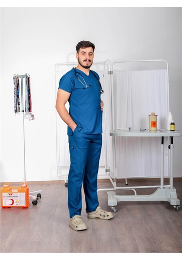 Likralı Cerrahi Forma Unisex Hemşire Doktor Sağlıkçı Forması Scrubs Üniforma İndigo Mavisi