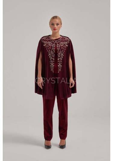 Crystalia Pelerinli Taş Nakış İşlemeli Bordo Kadife Takım Bordo