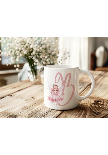 B Harfi Pembe Peri Kızı Figürlü Kupa Bardak Masalsı Çay Kahve Kupası - Kişiye Özel Hediye Beyaz