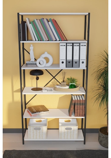 Dekoratif Metal Kitaplık 6 Raflı Kitaplık Dosya Rafı 180 Cm Beyaz
