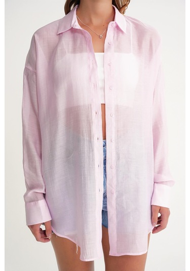 4667 Kadın İnce Oversize Modal Gömlek Pembe Pembe