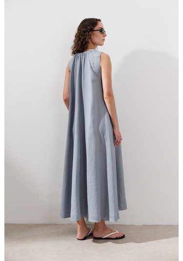 Keten Büzgülü Geniş Elbise Mavi Mavi