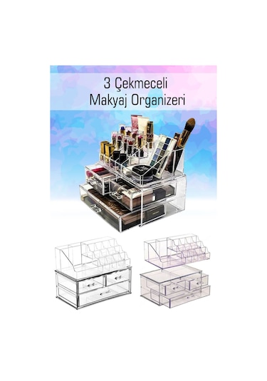 Vivart Şık Tasarım Büyük Boy 3 Çekmeceli Makyaj Ve Kozmetik Düzenleyici Organizer Set Şeffaf Beyaz