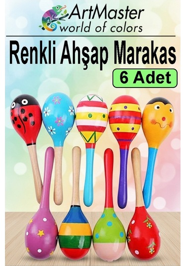 Marakas Renkli Ahşap 6 Lı Set Çıngıraklar Eğlenceli Marakas Renkli Müzik Aksesuarları Çocuk Eğitici Oyuncak