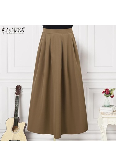 Zanzea Yaz Kadın Yüksek Bel Pileli Düz Renk Bol A Kesim Etek Kahverengi
