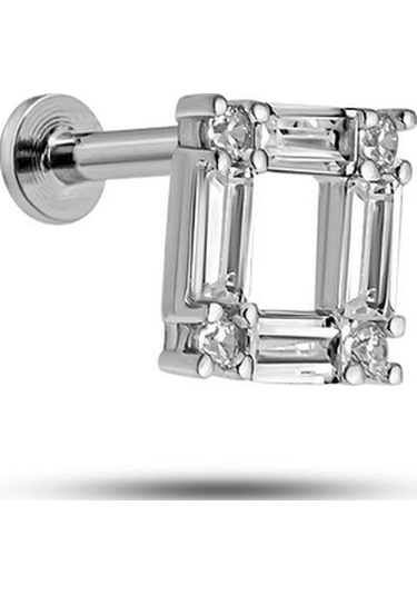 925 Ayar Gümüş Rodyumlu Minimal Baget Taşlı Dörtgen Tragus Piercing Küpe