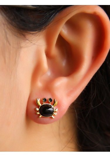 Esha Store Doğal Taş Oniks Doğal Taşlı Yengeç Altın Kaplama Kadın Küpe Euk21o Siyah