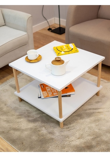 Kare Orta Sehpa Ahşap Ayaklı Sehpa Iki Raflı Sehpa Dekoratif Sehpa Gazetelikli - Beyaz - 60cm X 60cm