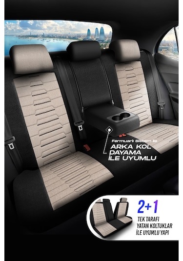 Bej - Siyah Panda Bakü Serısı Keten Kumaş Oto Koltuk Kılıfı - Tam Set