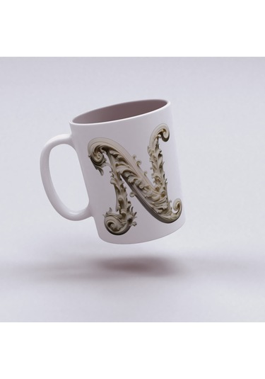 N Harfi Bardak, Monogram 330 Ml Barok Oymalı Görünüm Beyaz