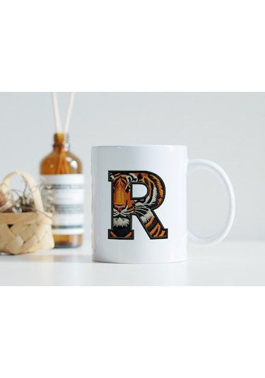 R Harfi Kaplan Figürlü Nakış Desenli Kupa Bardak - Kişiye Özel Vahşi Hayvan Desenli Kupa - Hediye Beyaz