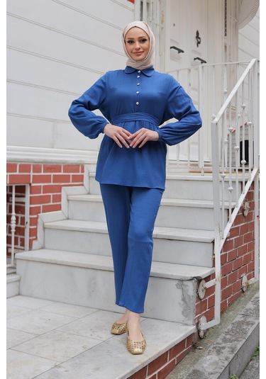 Taş Düğme Detaylı Takım İndigo I Ndigo