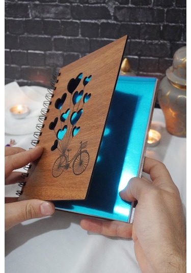 Balonlu Bisiklet Ahşap Defter - Ajanda - A5 Spiralli - Çizgisiz Defter Ahşap Rengi Ceviz Notebook Mavi