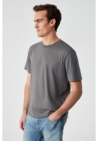 GRIMELANGE Solo Erkek %100 Organik Pamuklu Kalın Dokulu Comfort Fit Bisiklet Yakalı Gri T-shirt Gri
