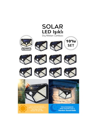 10 Adet Güneş Enerjili Duvar Lambası - Solar 100 Led Işık 3 Modlu Hareket Sensörlü Bahçe Aydınlatma Siyah