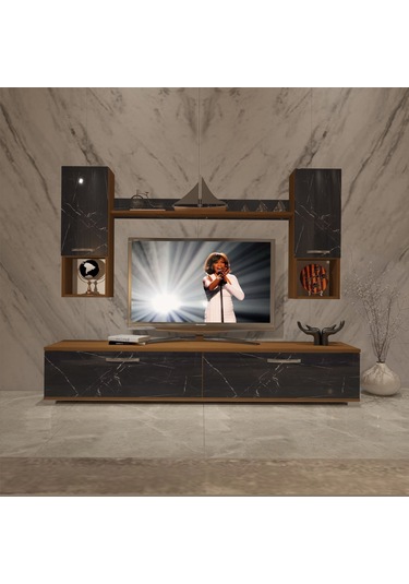 Decoraktiv Eko 5da Mdf Std Tv Ünitesi Tv Sehpası Ceviz - Siyah Mermer