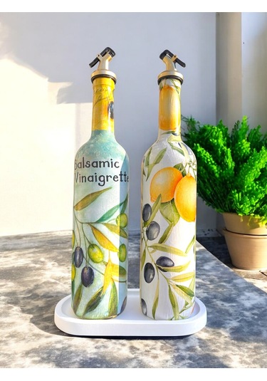 El Yapımı Limon & Zeytin Desenli Cam Yağdanlık & Sirkelik Seti Şık Mutfak Dekoru & Özel Ev Hediyes Beyaz - Kırmızı - Sarı