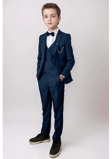 Riccotarz Erkek Çocuk Blazer Ceketli, Cepken Yelekli Lacivert Takım Elbise 5-9 Yaş Lacivert