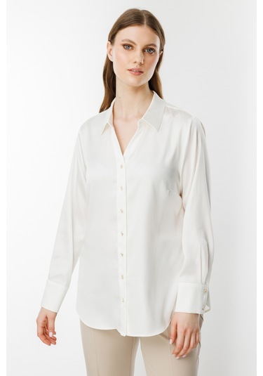 Ekol Kadın Büyük Beden Saten Gömlek 3510 Ekru Ekru