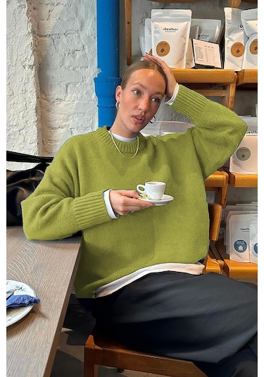 Yağ Yeşili Bisiklet Yaka Oversize Triko Kazak Mg1972 Yağ Yeşili