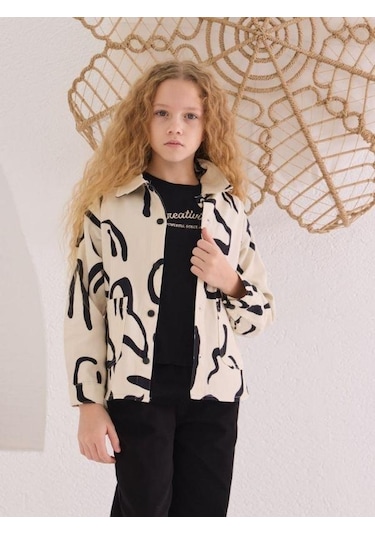 Kız Çocuk Desenli Kot Ceket İçi Tshirt Takım-15505 Krem