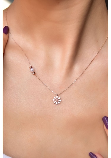 925 Ayar Gümüş Rose Kaplama Incili Dorika Toplu Mineli Papatya Kolye