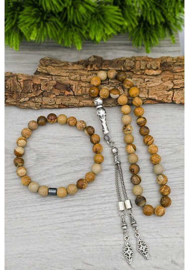 Erkek Taş Jasper Doğal Taş Tesbih Ve Bileklik Set 8 Mm Bt049 Kahverengi - Beyaz