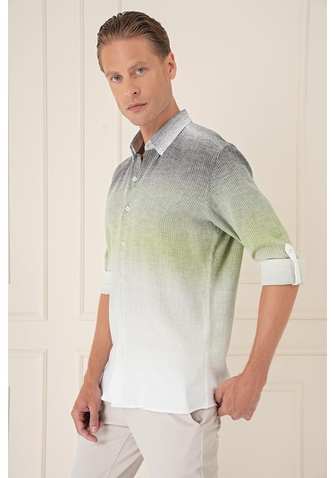 Comfort Fit Apoletli Degrade Desen Esnek Pamuk Yeşil Gömlek G 1575 Yeşil