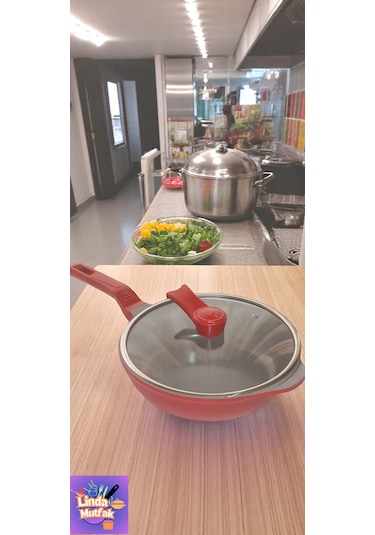 Akdeniz 28 Cm Cam Kapaklı Kırmızı Döküm Derin Tava