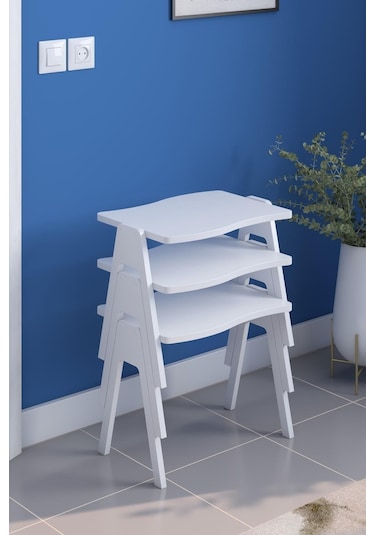 Bayrak Zigon Sehpa Seti Beyaz Gövde Beyaz Ayak