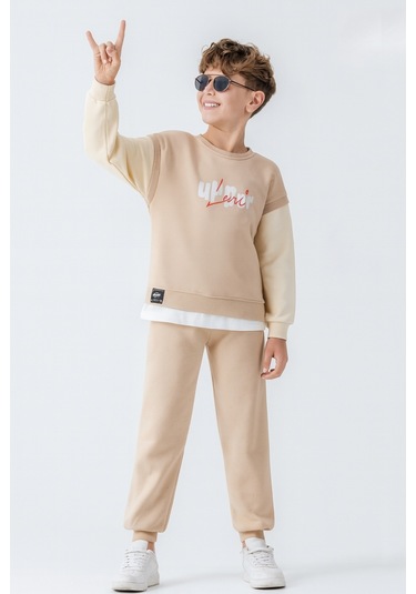 Erkek Çocuk Upper Baskılı 3 İplik Kalın Kışlık Eşofman Takımı Ak4231 Bej