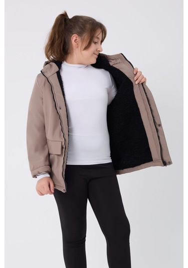 Kız Çocuk Vizon Içi Kürklü Su Ve Rüzgar Geçirmez Kapüşonlu 3 Cep Kışlık Mont & Kaban & Parka Vizon