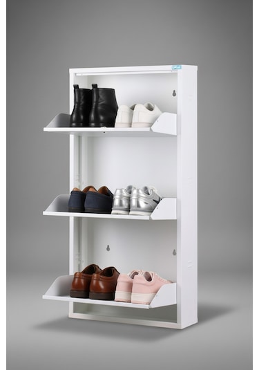 Metal Ayakkabılık 3 Lü Beyaz Kilitli Model Beyaz